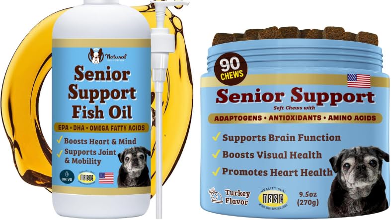 Natural Dog Company Senior Dog Bundle – Omega 3 Fish Oil Liquid 16oz " Senior Wellness Chews 90ct – Support Movilidad, Cerebro, Corazón " Eye Health with Turmeric, Salmon, Lion’s Mane " Omega-3s