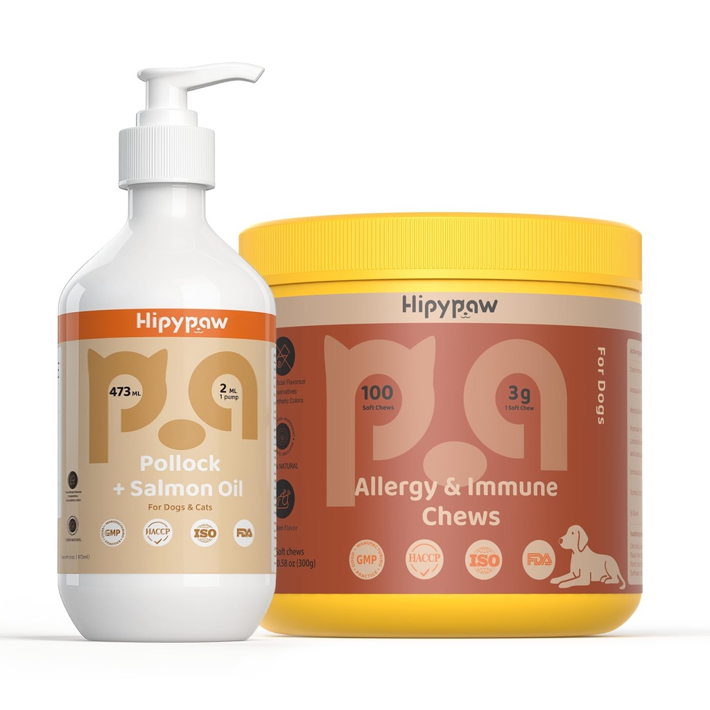 Piel de perros &amp; Alergía Soporte Bundle: Aceite de pescado Omega 3 + Alivio de Alergia Píldoras para picar la piel, inmune &amp; salud digestiva