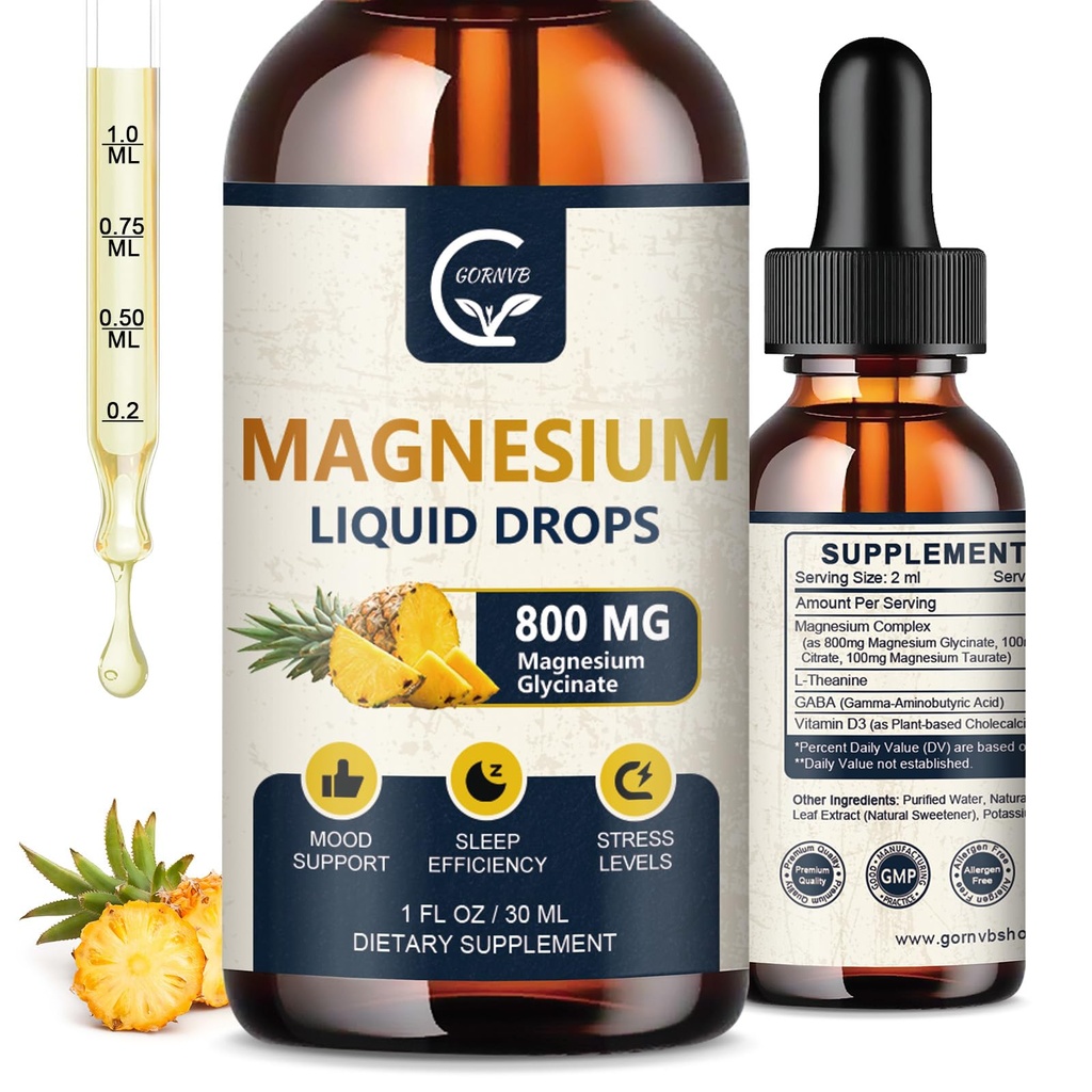 (2 Pack) Magnesium Glycinate Liquid Drops TENIDO 1000mg Liquid Magnesium Complex with D3, L-Thea & GABA for Energy, Sleep, Nerve and Heart Health, High Absorption, Pineapple Flavor