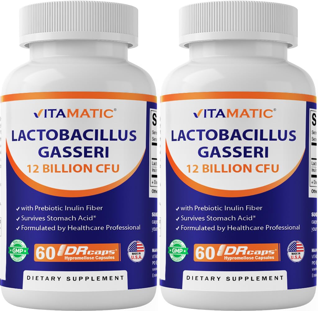 Vitamatic Lactobacillus Gasseri - 12 billón por cápsula DR - 60 cuenta - Soporte Digestivo - Hecho con fibra prebiótica 2 Pack