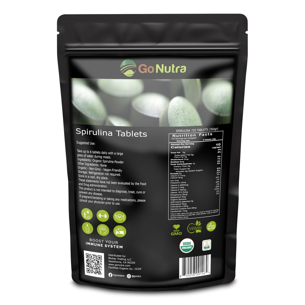 Go Nutra Organic Spirulina Tablets ← Nutrient Dense Orgánica Spirulina Superfood TEN Protein, Vitaminas, Minerales, Fibras, Aminoácidos TEN NO Fillers, Non-GMO, Vegan ANTE 500 mg, 720 ct, 4 meses de suministro