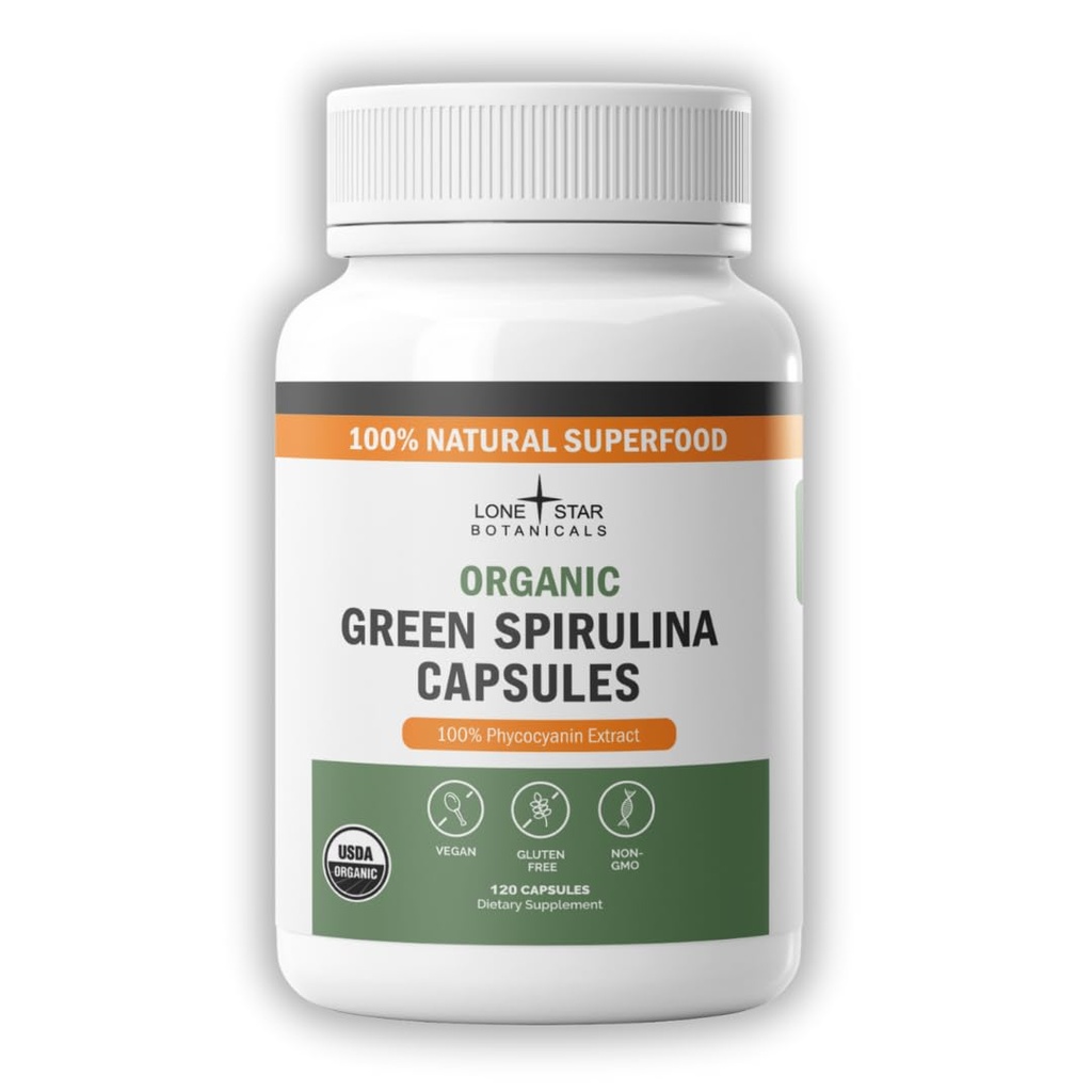 Botánicos de la Estrella Solitaria Capsules de Espirulina Orgánica – 100% Algas Azul-Green Pura, No Huele Pesquero, Suplemento Superalimentos, Vegan, No-GMO, Libre de gluten (120 Conde, Espirulina Verde)