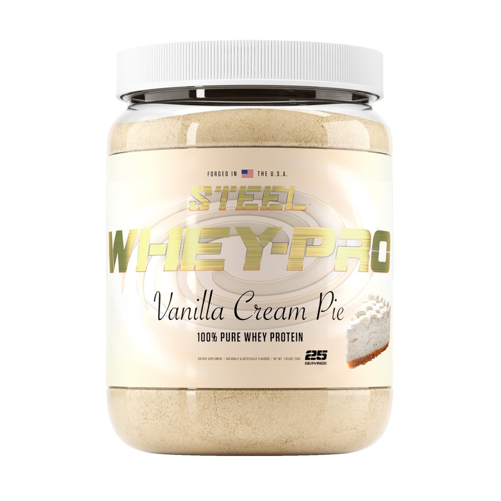 Suplementos de acero Whey-Pro tención 100% Pure Whey Protein Powder para Hombres y Mujeres Silencio Vanilla Cream Pie ¦ Muscle Gain &amp; Lean Muscle Recovery ← Gluten Free ← BCAA 5g Silencio No-GMO Silencio 25 Serviciones