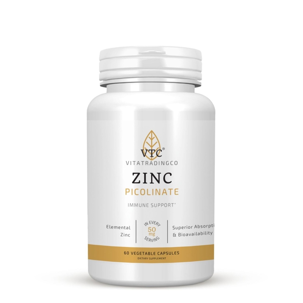 VTC VitaTradingCo. Zinc Picolinate TENIDO 50mg Elemental Zinc TEN Highly Absorbable TEN Immune & Antioxidant Support Silencio for Skin Health & Cellular Function TEN 60 Veggie Capsules