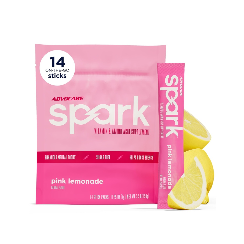 AdvoCare Spark Vitamina &amp; Aminoácidos Suplemento - Focus &amp; Energy Drink Powder Mix with Vitamin A, B-6, C & E - También incluye L-Carnitine &amp; L-Tyrosine - Pink Lemonade, 14 Stick Packs