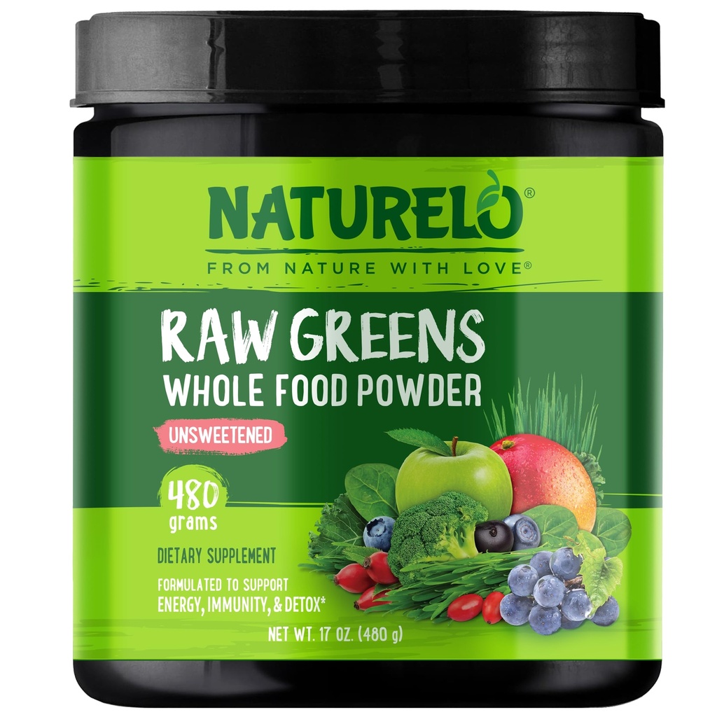 NATURELO Greens Superfood Powder - Unsweetened - Boost Energy, Detox, Enhance Health - Organic Spirulina - Wheat Grass - Whole Food Nutrition from Fruits & Vegetables - 480 Grams