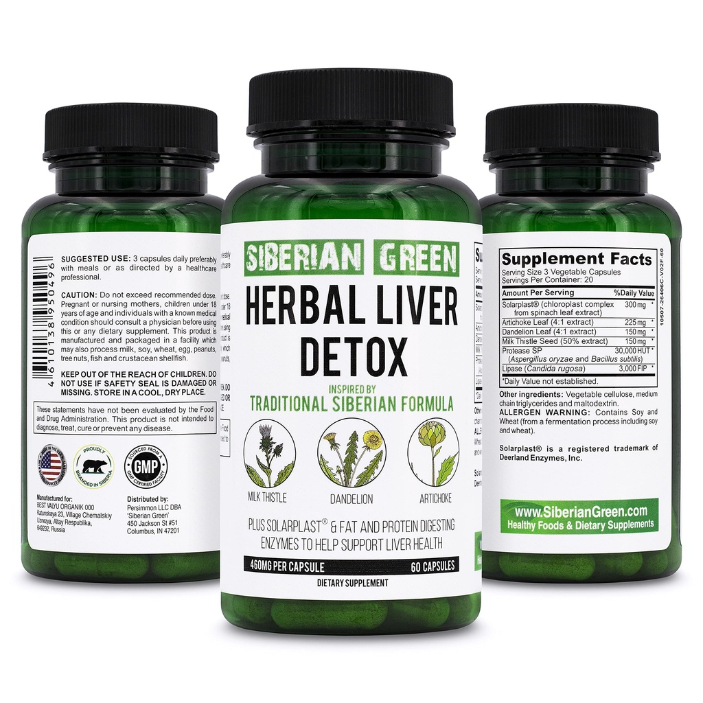 Siberian Green Herbal Liver Detox con Milk Thistle Artichoke Dandelion 60 cápsulas – Fórmula Siberiana tradicional Plus Enzymes para apoyar la salud del hígado