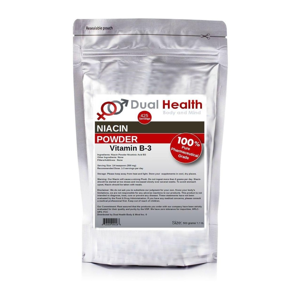 Niacin Powder (500g - 1.1 lb) Vitamin B3 Supplement Immediate Release Niacin with Flush Nicotinic Acid Non-GMO, Vegan, Gluten Free Fast Absorption No GMOs, Fillers, Additives, Heavy Metals
