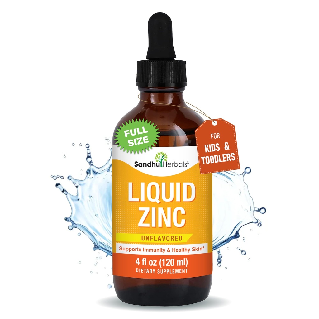 SANDHUHERBALS Zinc líquido para niños, niños pequeños y bebés TENIDO 4 Fl Oz Botella de vidrio grande Silencioso Ionic Zinc Suplementos Sulphate Drops ANTE Immune Support TEN Easy to Take, Water Soluble TENEDIDO