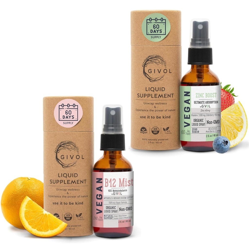 Vitamina Vegana Orgánica B12 Suplemento Error líquido para la absorción rápida 5,000mcg Metilcobalamina y ZINC Boost Mist 40mg (Extra fuerza) - Azúcar libre con VIT C y Extracto de Arandela - No GMO