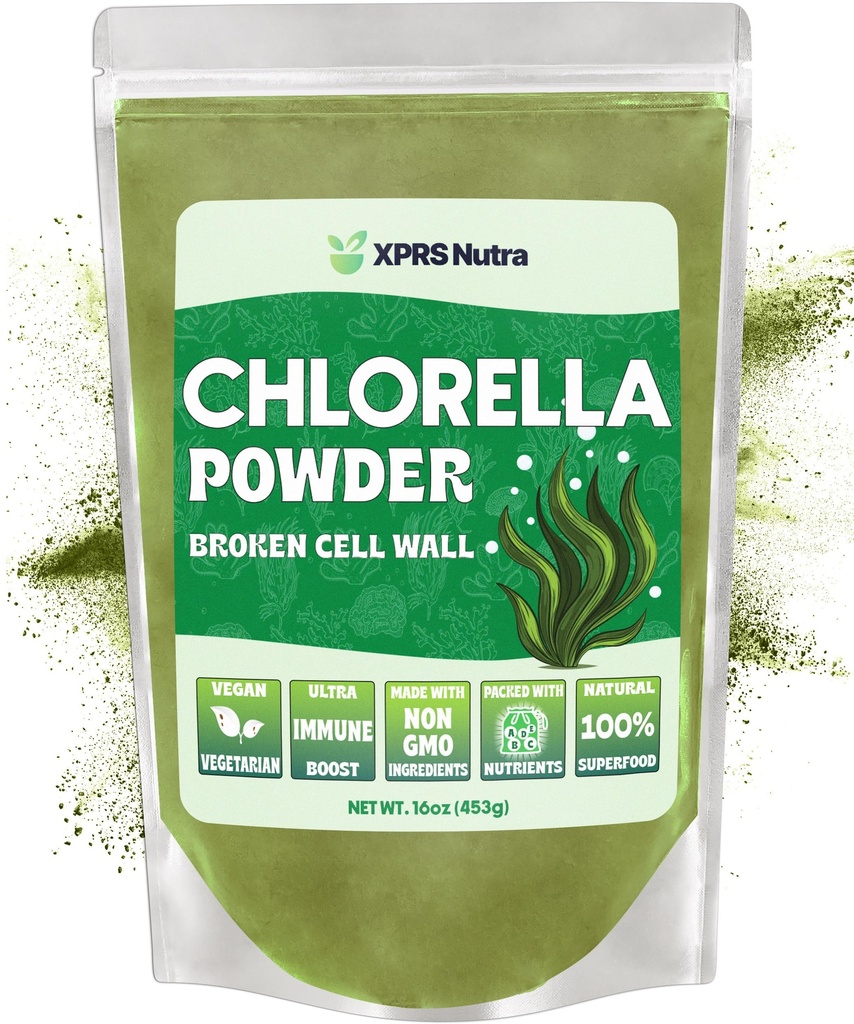 XPRS Nutra Organic Chlorella Powder - Broken Cell Wall Chlorophyll Powder - Chlorella Organic Powder for Immunity - Vegan Friendly Chlorella Powder Organic for Complete Protein (16 onzas)