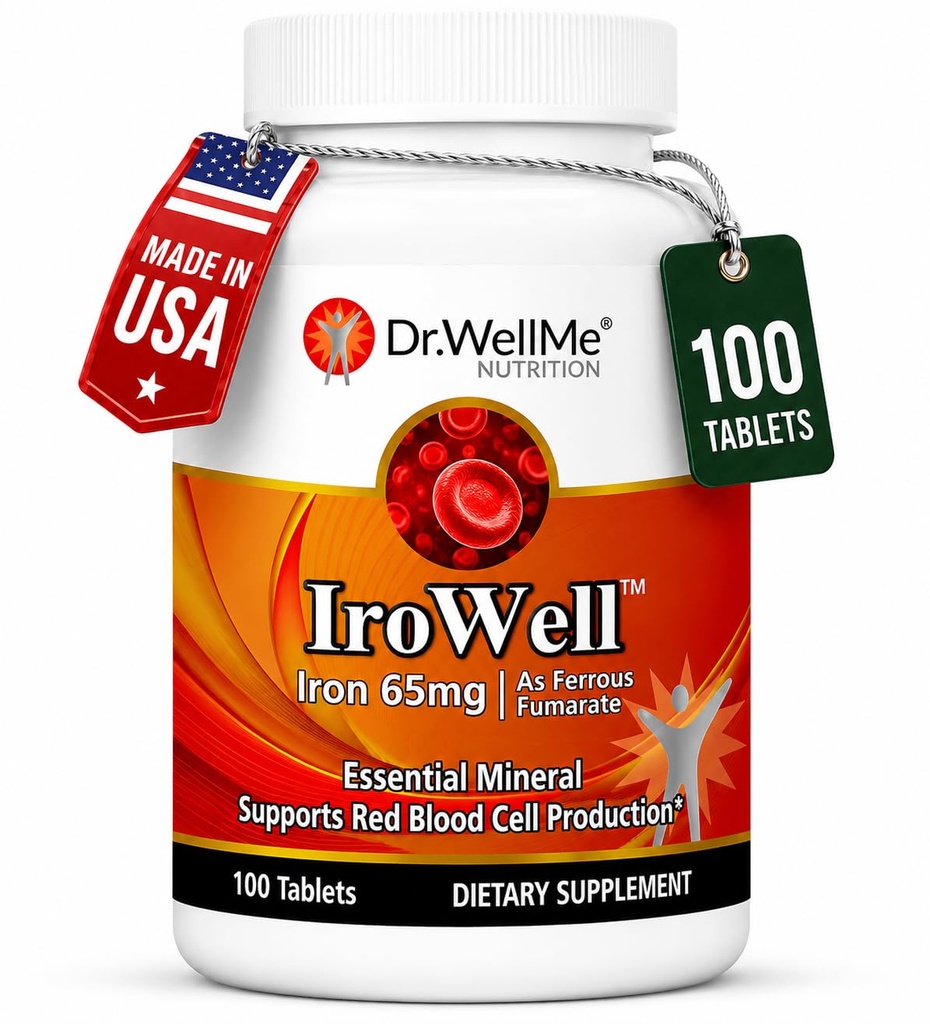 Irowell Iron Tablets 65mg – 100 Tablets for a Full 100-Day Supply Ferrous Fumarate for Energy, Muscle Strength & Immunity – Iron Supplement for Men &amp; Women