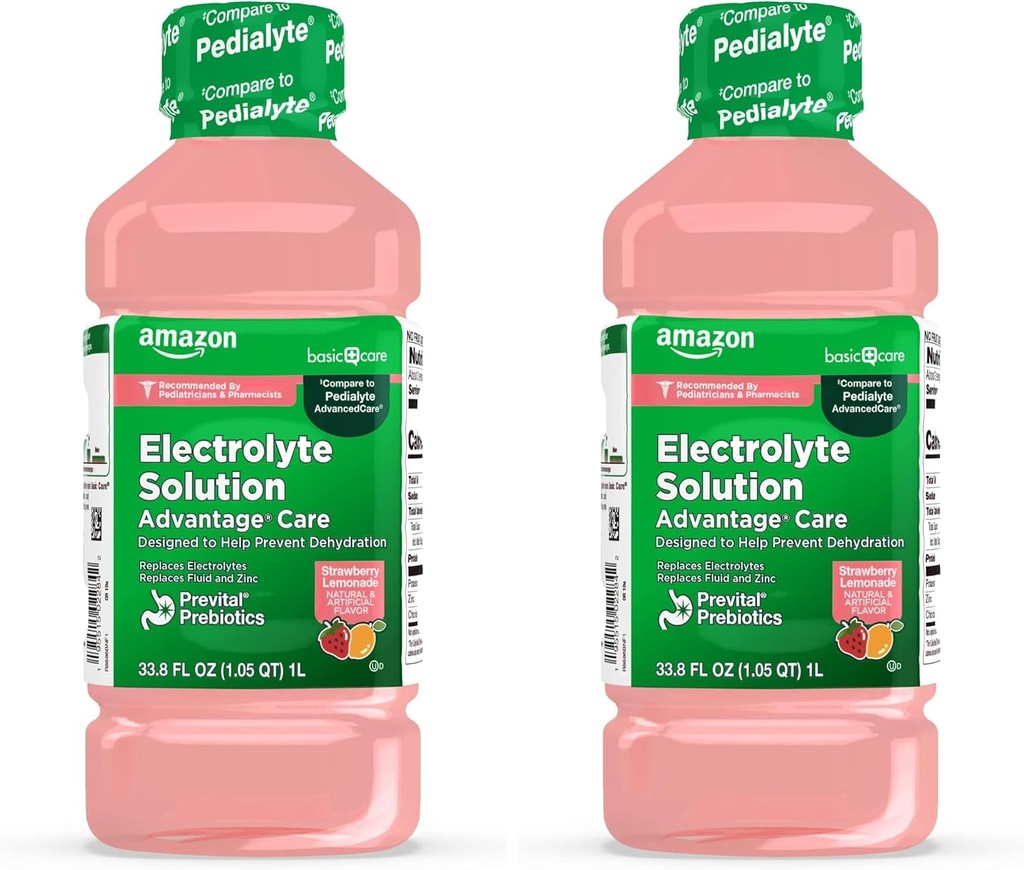 Cuidado básico Solución electrolítica con prebióticos previtales, limonada de fresa, bebida de hidratación, electrolitos de reposición, líquido " zinc, 33.8 Fl Oz (Pack of 2)
