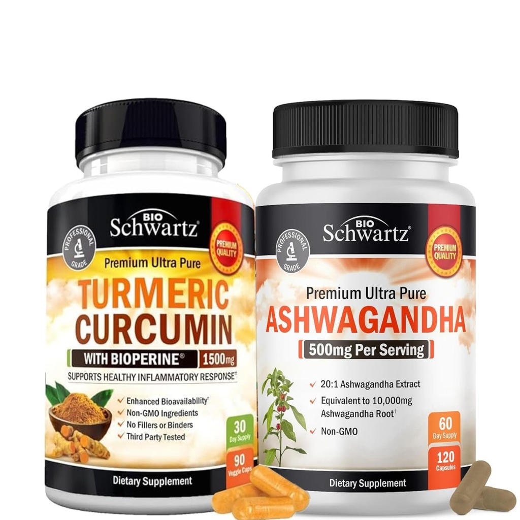 Extra Strength Ashwagandha Capsules (2 Mes de Suministro) Más Curcumina Turmérica con Pepper Negro Extracto Complejo de 1500mg (tamaño de prueba)