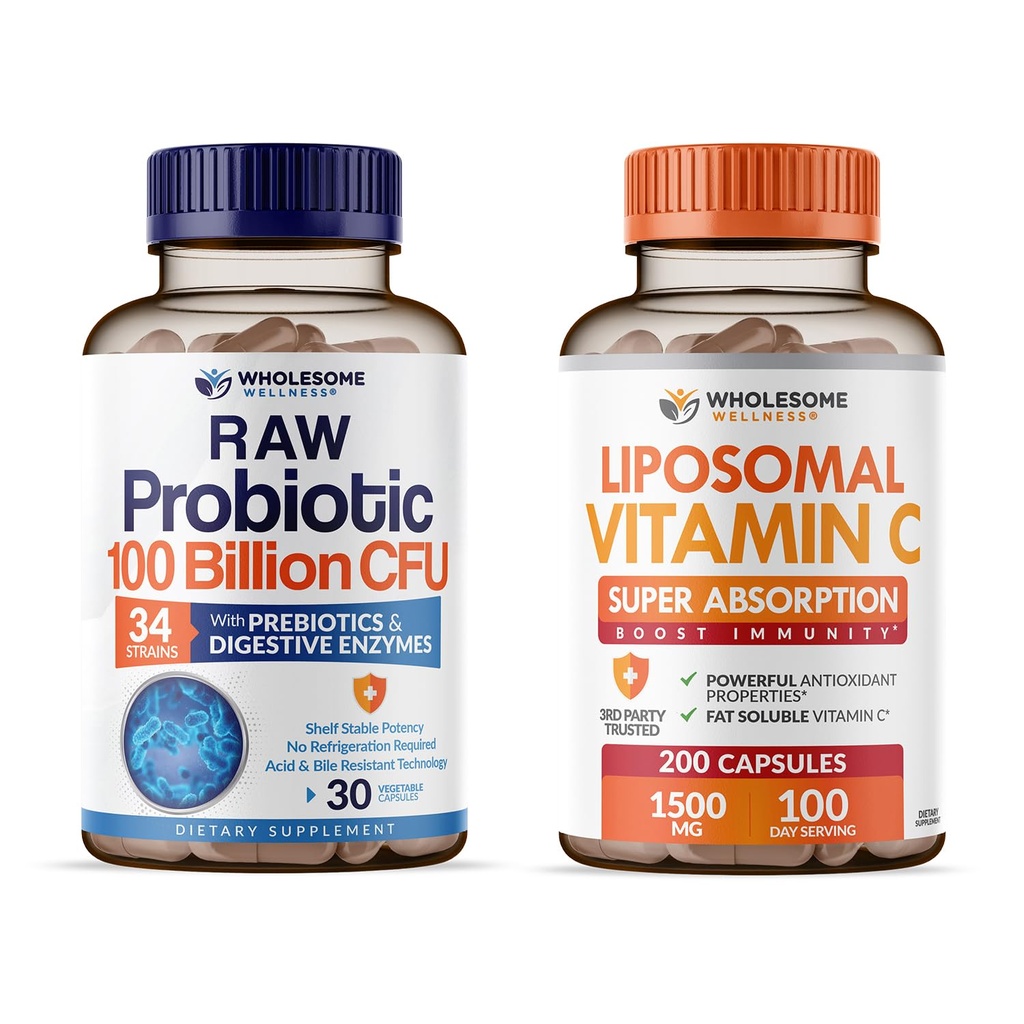 Wholesome Wellness Organic Probiotics 100 Billion CFU, Dr Formulated for Women and Men + Liposomal Vitamina C Capsules (200 Pills 1500mg Buffered) Alta Absorción VIT C Bundle
