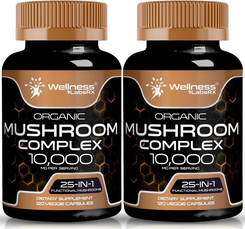 WELLNESS LABSRX Mushroom Suplemento capsules 10:1 Extracto, Mushroom Complex Capsules 1000mg, Lions Mane Suplemento con Turquía Tail, Cordyceps, Reishi - 2 Pack