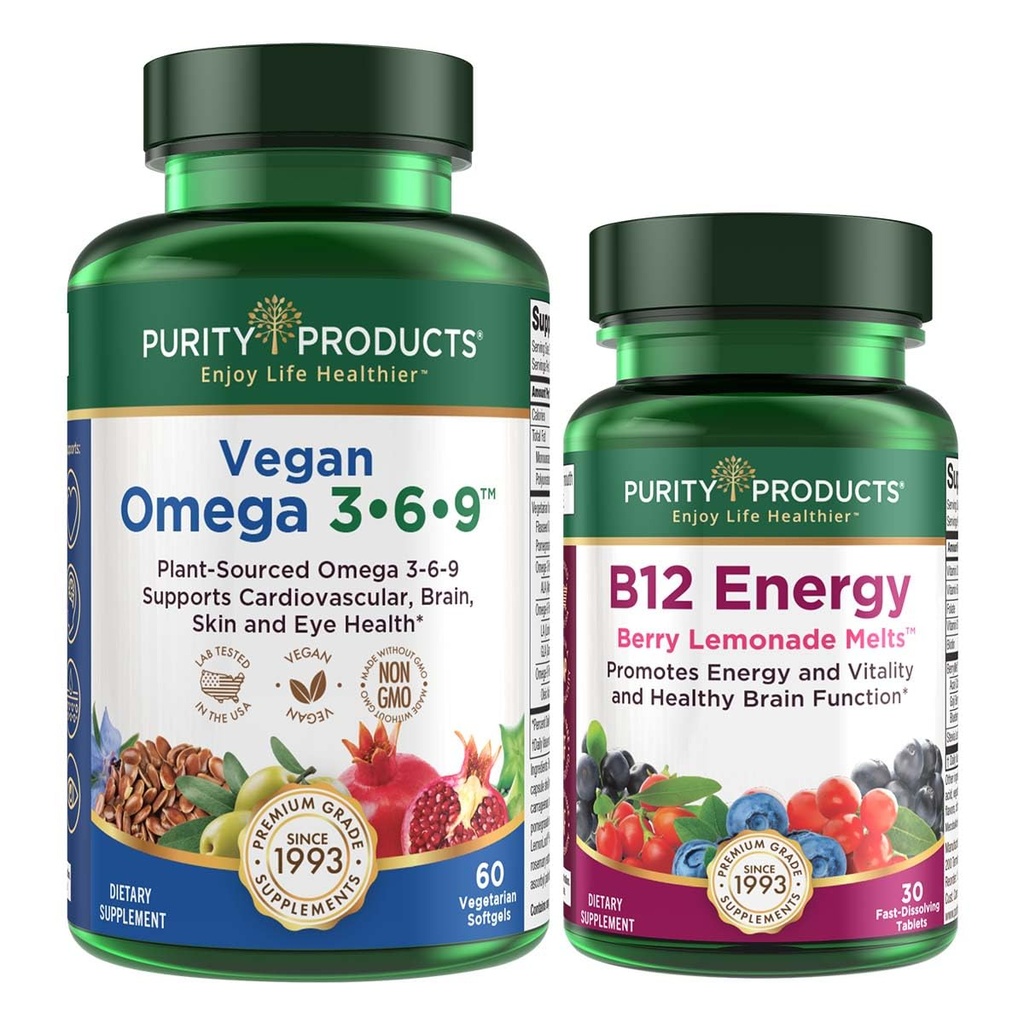 Purity Products Bundle - Vegan Omega 3-6-9 + B-12 Energy Melt Omega 3-6-9 (“5 en 1” Plant-Based Omega 3 6 9 Complejo de ácidos grasos esenciales) - B12 Berry Melt (Methylcobalamin B12 + B6 + D3 + Más)