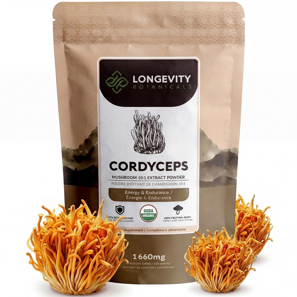 Longevity Botanicals Organic Cordyceps Mushroom Extract Powder 100g TEN Concentrated 10:1 Ratio TEN 100% Fruiting Bodies ANTE Cordyceps Militaris Natural Supplement for Energy, Stamina &amp; Respiratory Support