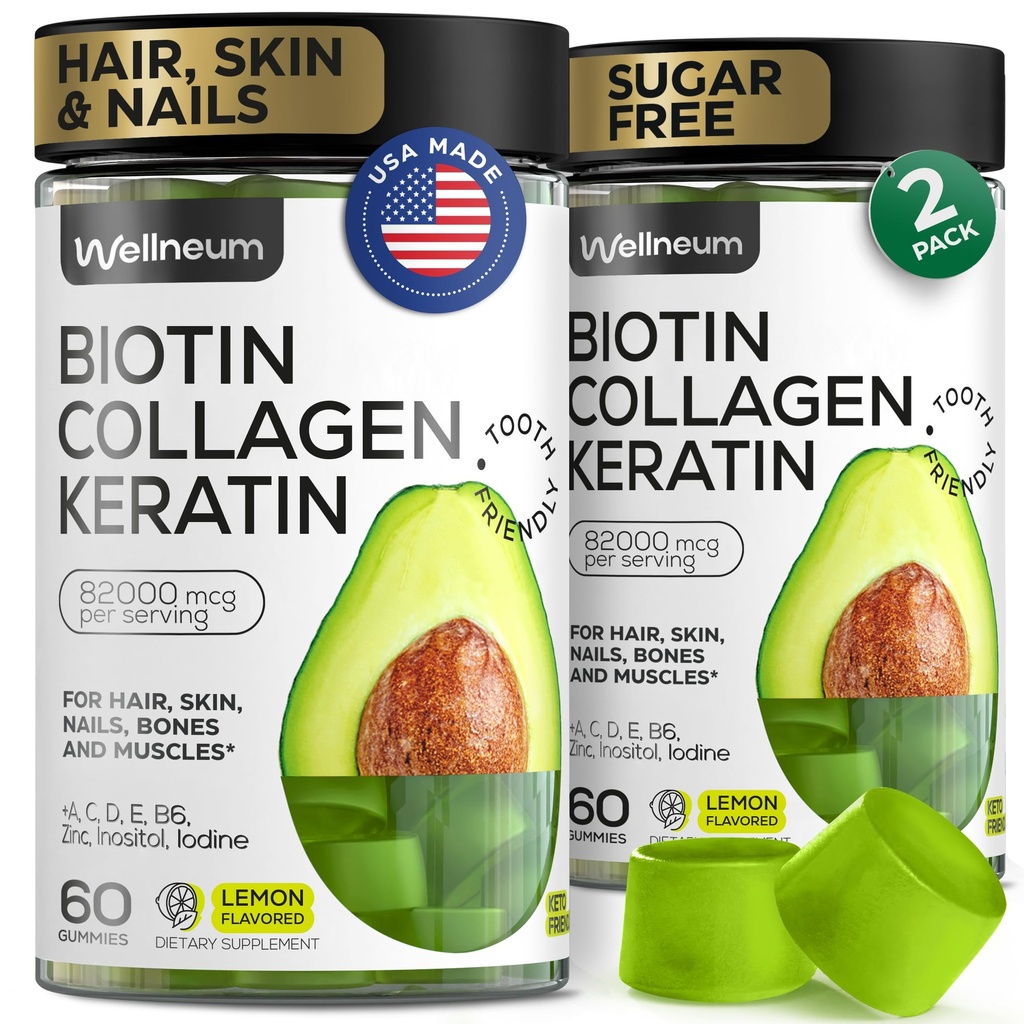 Biotina y Collagen Peptide Gummies for Hair Growth, Skin and Nails 120 Pcs (2 Pack) - 82000 Mcg - Biotin Chewables con Keratin Max Strength - Beauty Gummies for Women and Men - Sugar Free, Non-GMO