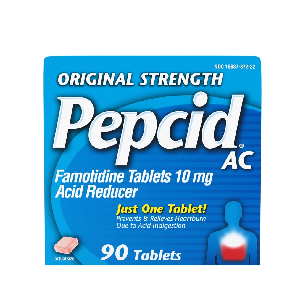 Pepcid AC Original Strength Heartburn Relief Tablets, OTC Medicine Prevents ' Relieves Heartburn Debido a la indigestión de ácido " Sour Stomach, 10mg Famotidine Acid Reducer, Fast-Acting, 90 ct