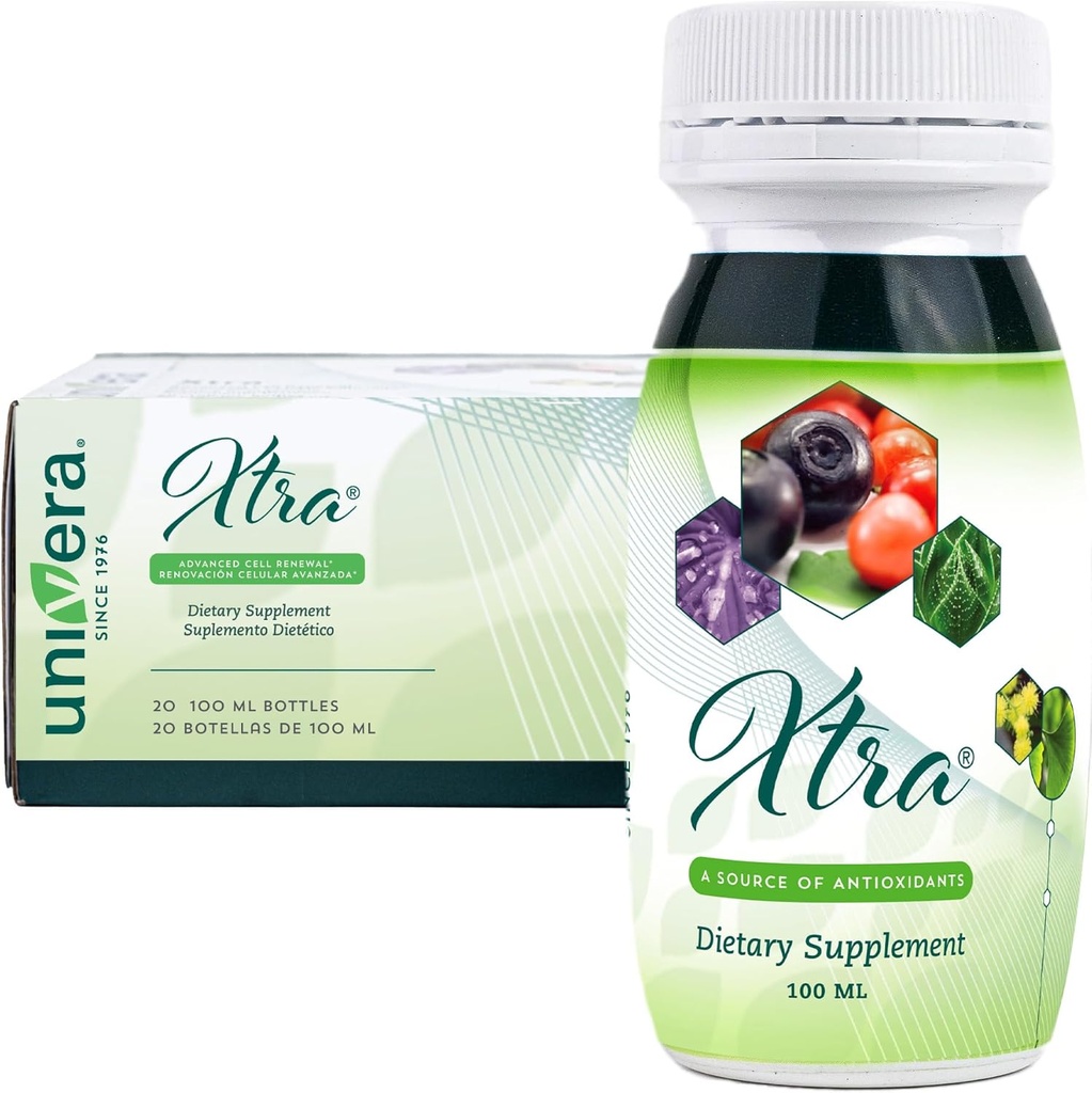 Univera Xtra Minis, Complejo de Frutas Multimineral, 15 Ingredientes Naturales, Gestión de Estrés, Focus &amp; Clarity, Confort Conjunto, Protección Antioxidante - 3.38 Fl Oz (Pack of 20)