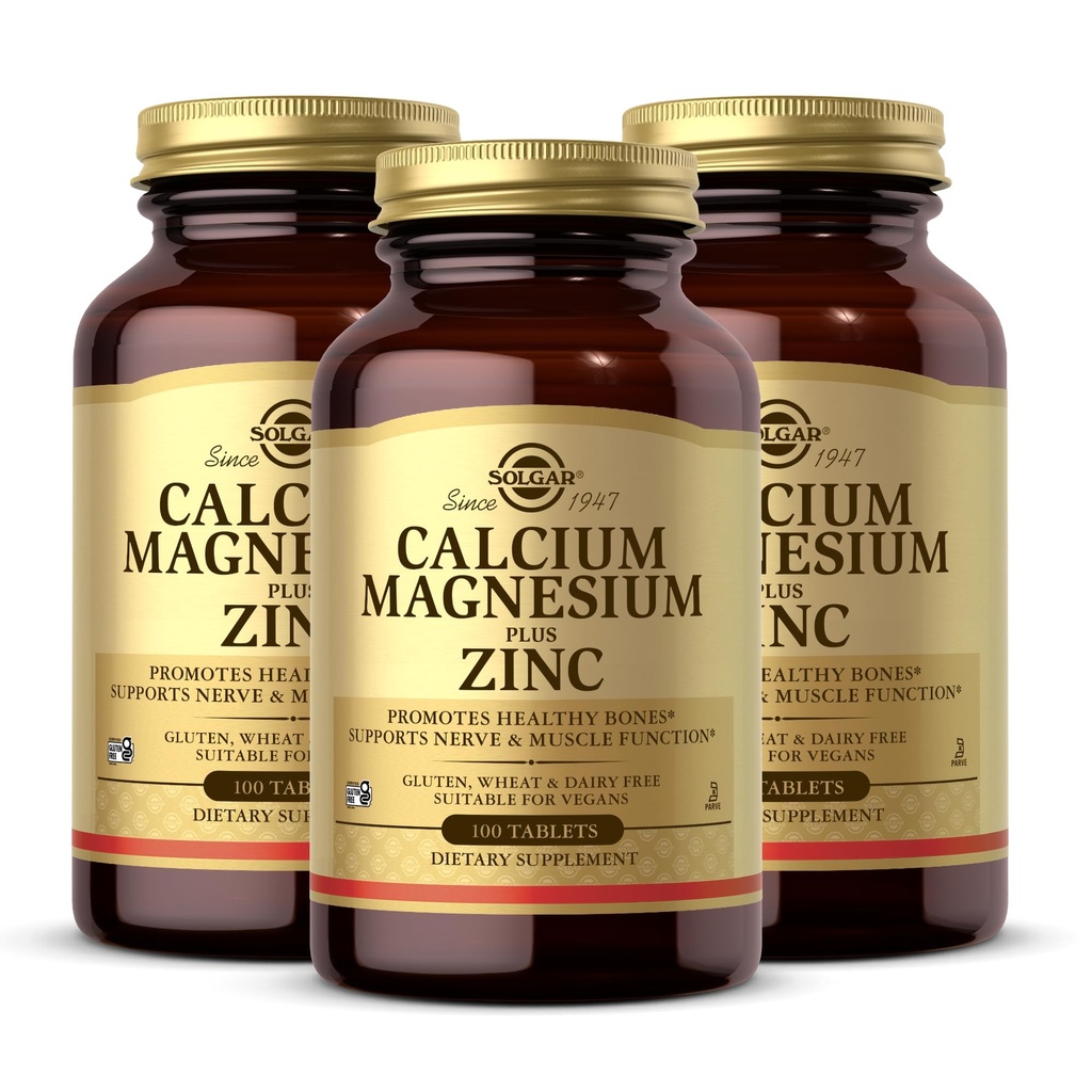 Solgar Calcium Magnesium Plus Zinc, 100 Tablets (Pack of 3) - Promueve Huesos y dientes saludables - Apoya la función Nerve &amp; Muscle - No GMO, Vegan, Gluten Free, Dairy Free, Kosher - 100 Total Servings