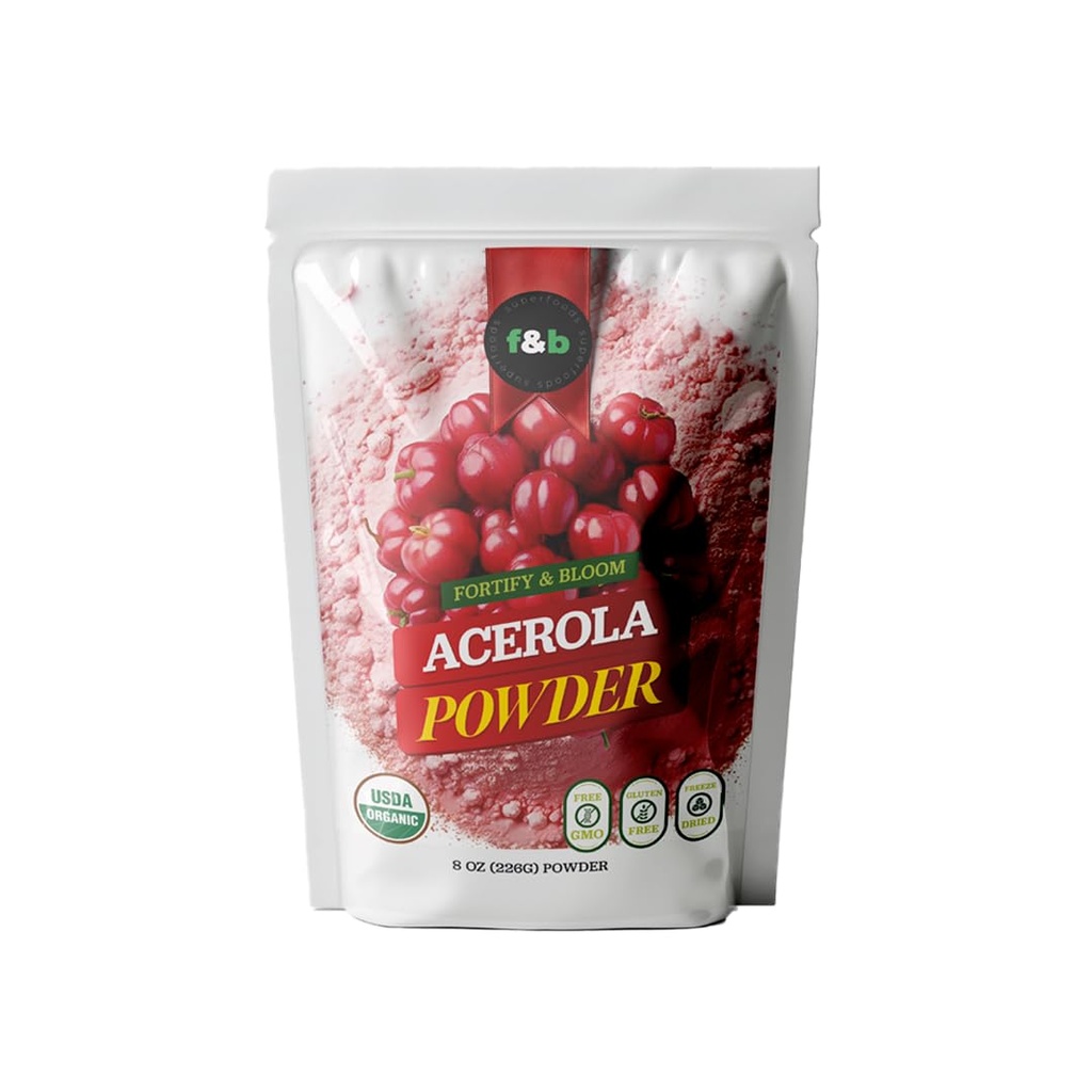 f superfoods Pure Organic Acerola Cherry Powder Freeze Dried (8oz), Organic Vitamin C Powder para Immune System Booster, Smoothie, Cherry Juice, acerola Vitamina c Bulk Powder, Brazil Origin.
