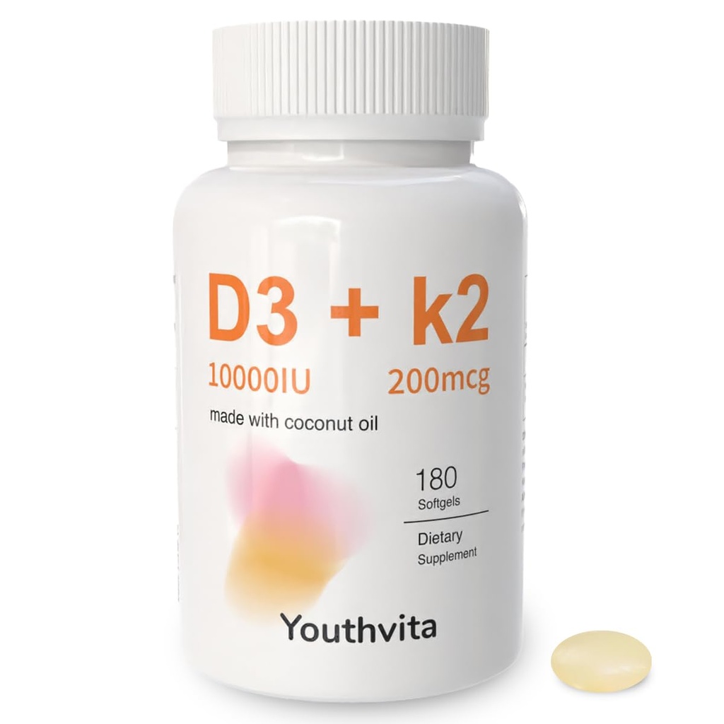 d3 k2 Vitamina 10000 iu, 180 Aceite de coco Softgels TENIDO 2 en 1 Suplemento de vitaminas D3 10000 UI & K2 (MK7) 200 mcg, Fácil de Tragar, soporta Absorción de calcio, Inmune de hueso, " Salud del corazón