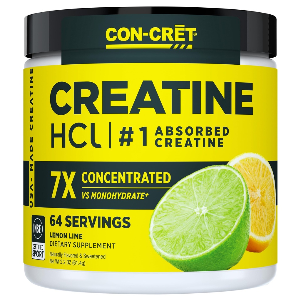 CON-CRET Creatine HCl Powder ← Muscle, Cognitive, Cellular Energy Support Silencio No Bloating or Cramps Silencio USA Made &amp; NSF Certified peru Lemon Lime (64 Serving)