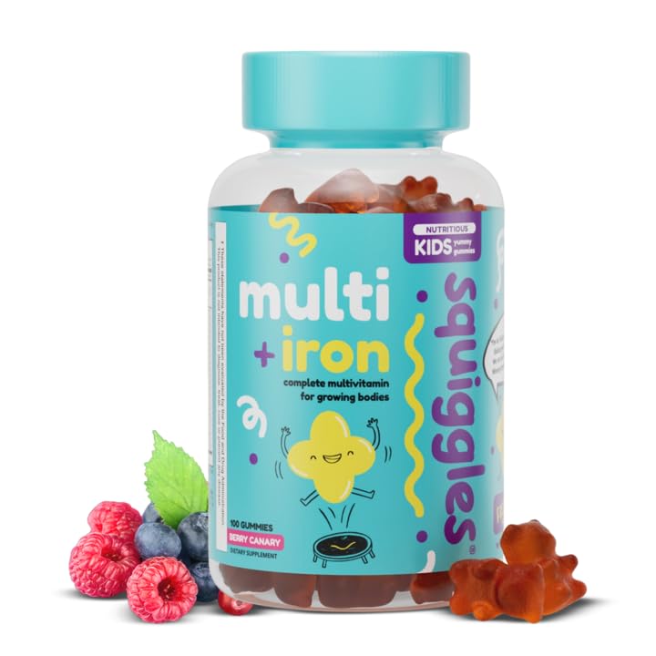 Squiggles Kids Multivitamin + Gummies de Hierro - Vitaminas de bajo azúcar con suplementos de hierro para niños - espectro amplio de vitaminas y minerales, Chewy, sabor de baya de Yummy (100 Conde)