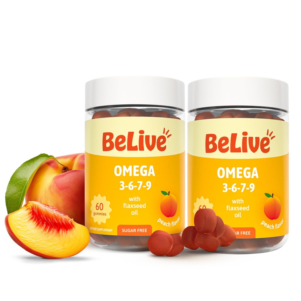 BeLive Orgánica Omega 3 Gummies - Omega 3 6 9 7 DHA &amp; EPA del aceite de frutas de hebilla de mar " , Vegan, para adultos de niños, cuerpo completo, soporte para cerebros y ojos, libre de azúcar – Peach  durable 2-Pack
