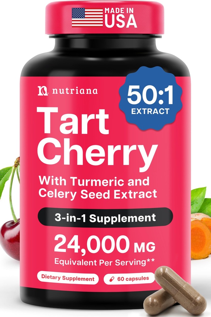 3 in 1 Tart Cherry Extract Capsules with Turmeric " Celery Seed for Feet " Joint Support Uric Acid Flush Cleanse " Purge Pills, 60 Veggie Capsules Manufactured in USA