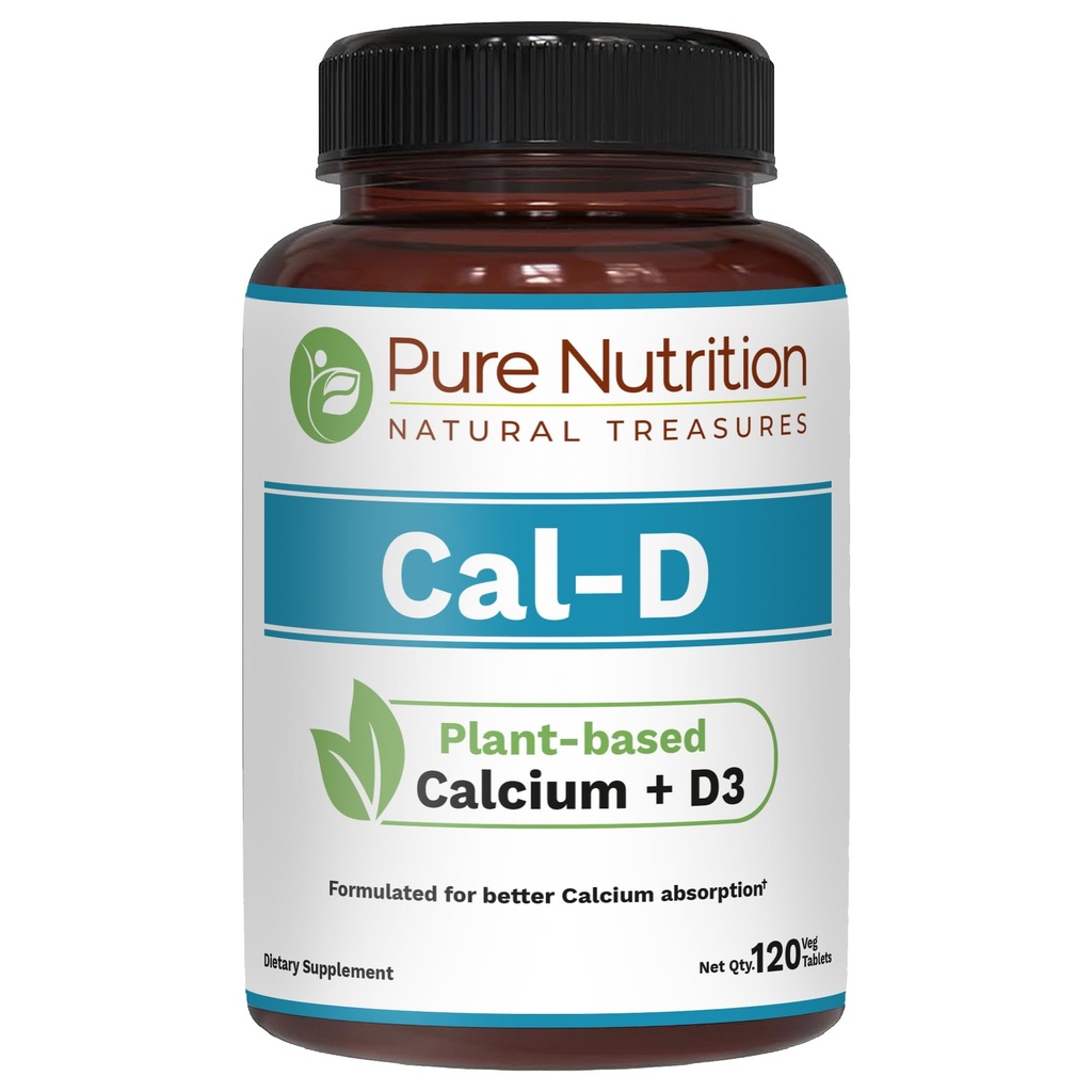 Pura Nutrición Cal D - Calcio con base vegetal con VIT D3 K2 &amp; Magnesio TEN 120 Tabs TEN 500mg Calcio Vegano por Servir ANTE Algae Calcium Suplemento para Bone Health