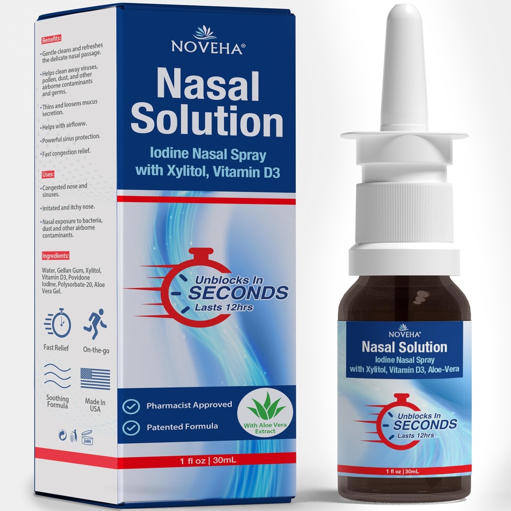 NOVEHA Nasal Spray 1% Povidone-Iodine Spray, Vitamina D3, Aloe-Vera - Nasal Cleanser (30mL)