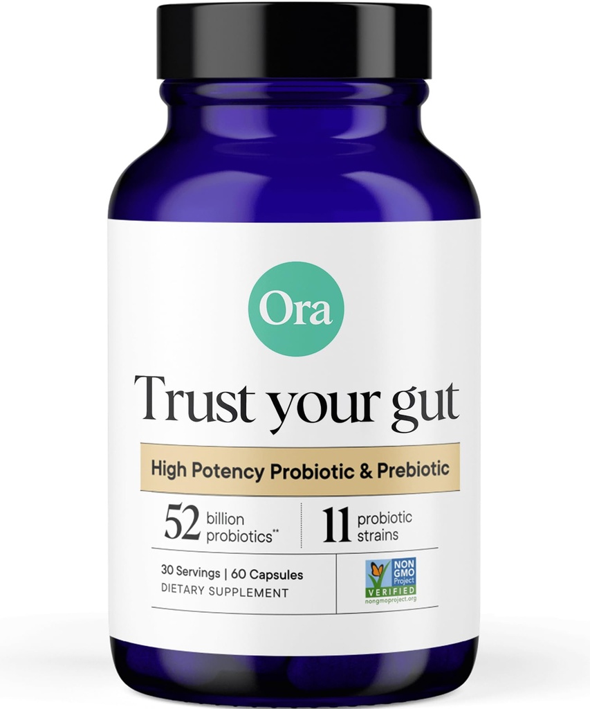 Ora Organic Probiotics with Prebiotics - 52 Billion CFU 11 Clinically Studied Strains for Digestive Health, Trust Your Gut, Gluten Free, 60 Capsules