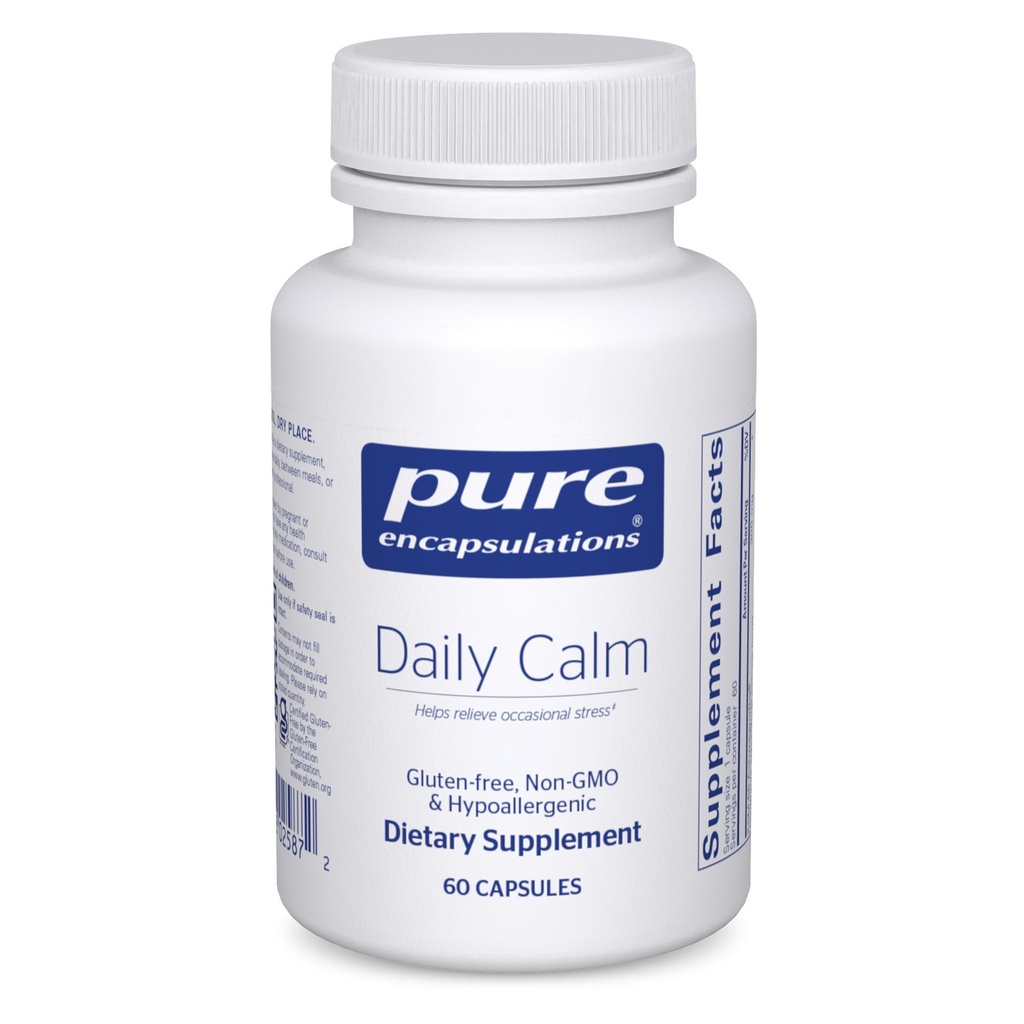 Encapsulaciones puras Daily Calm - Vegan Stress &amp; Sleep Support Supplement - Contiene Ashwagandha, Saffron, GABA &amp; L-Theanine - Non-GMO, Soy-Free &amp; Gluten-Free - 60 cápsulas