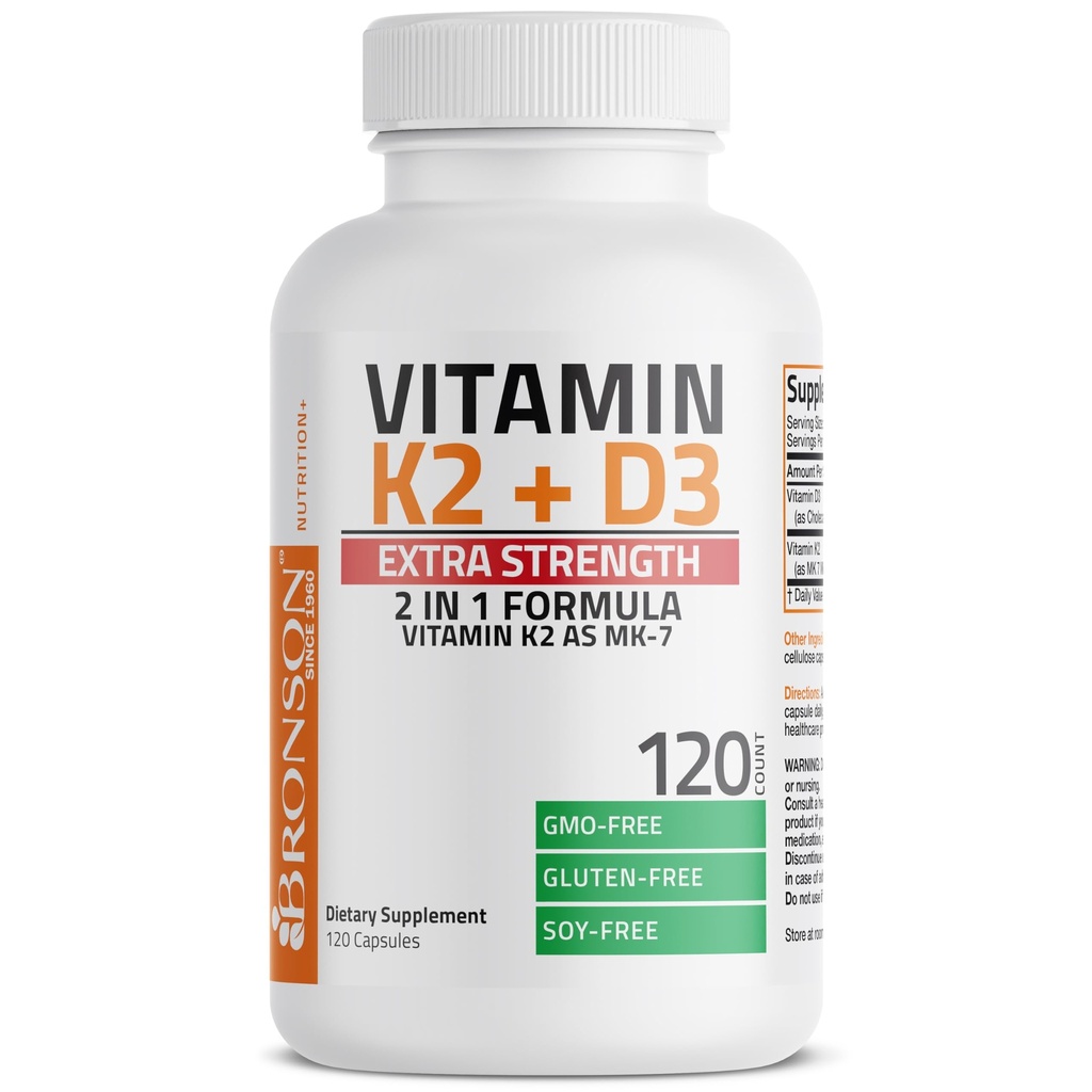Bronson Vitamina K2 (MK7) con D3 suplemento de fuerza extra de hueso y salud cardíaca Fórmula 10.000 UI Vitamina D3 &amp; 120 mcg Vitamina K2 MK-7 Fácil de absorber vitamina D &amp; K, 120 cápsulas