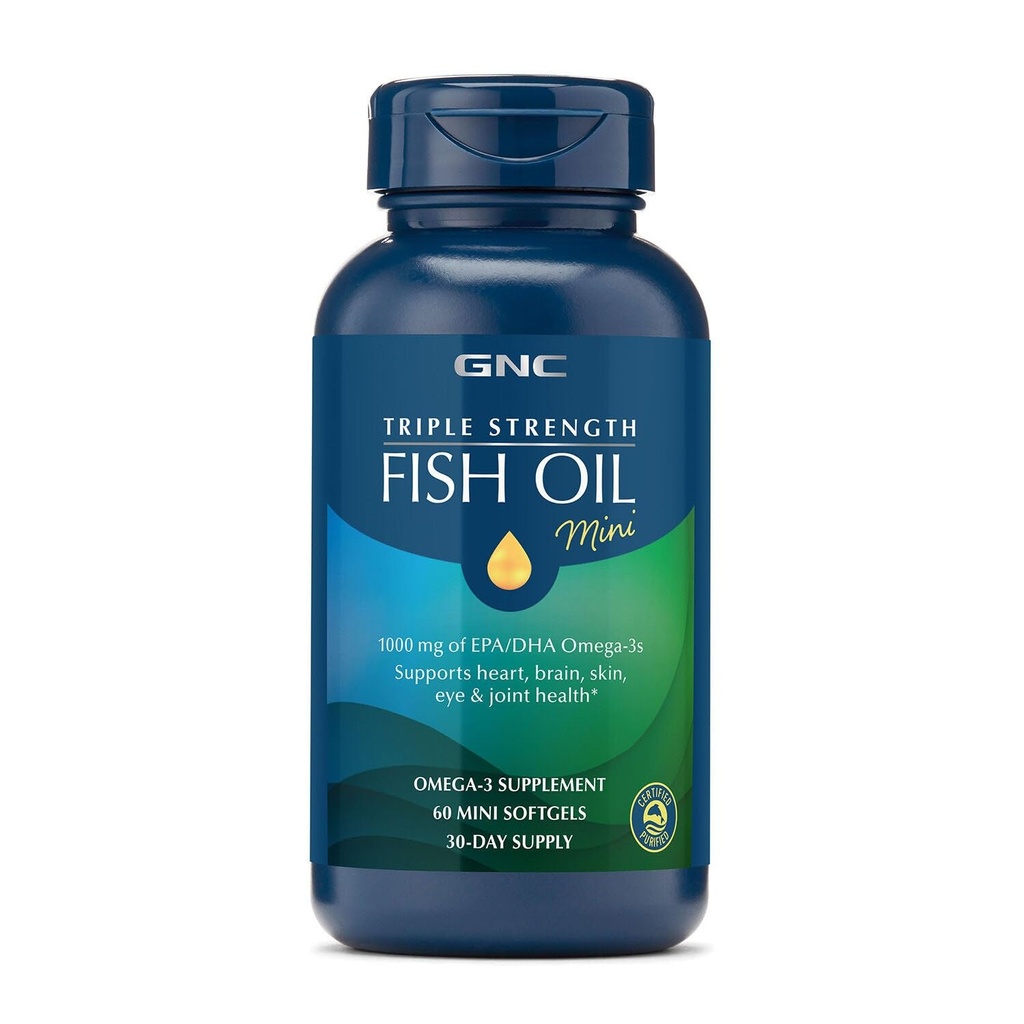 GNC Triple Strength Fish Oil Mini Omega 3 Suplemento, 1000mg EPA y DHA, soporta corazón, cerebro, piel, ojo y salud conjunta, 60 Mini Softgels