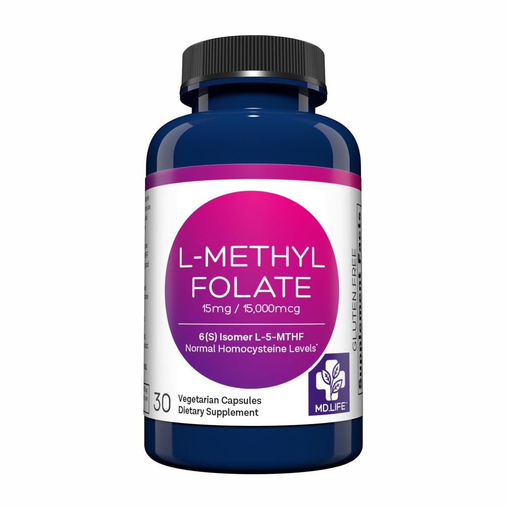 MD Life L-Methylfolate 15 mg Suplemento - Professional-Grade Active L Methylfolate Suplemento - 30 cápsulas - L-Methylfolate 15mg - Maximum Potency MTHFR W/Essential Amino Acids