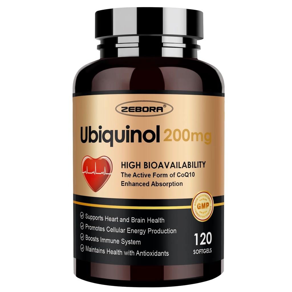 ZEBORA Ubiquinol CoQ10 200mg Softgels, 4-en-1 Potente antioxidante para el corazón y la salud vascular, Esencial para la producción de energía, Max Absorción Forma activa de CoQ10, 120 Softgels