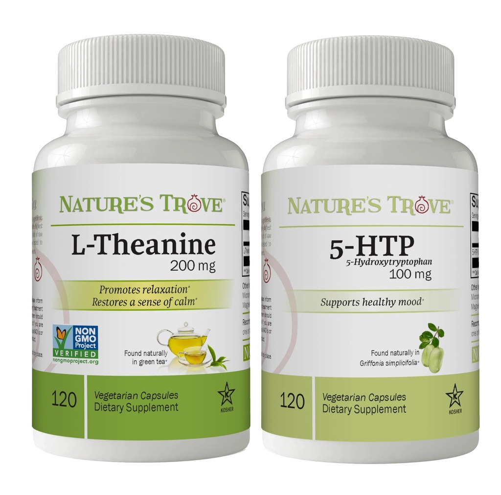 Trove L-Theanine 200mg 120 Vegetarian Capsules & 5-HTP 100mg 120 Vegetarian Capsules - Calm &amp; Healthy Mood Stack