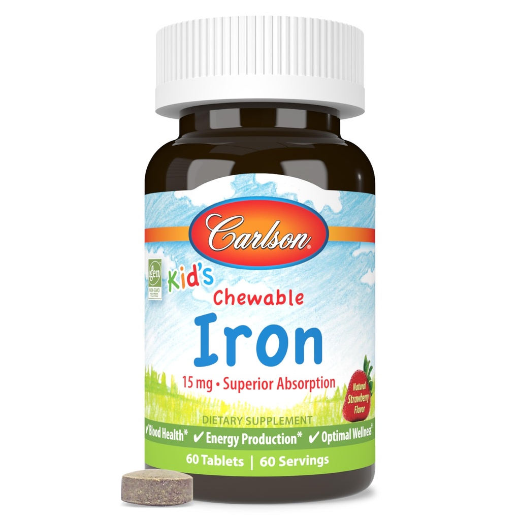 Carlson - Hierro Chewable, 15 mg, Absorción Superior, Sangre, Producción de Energía " Wellness Optimal, Sabor de Fresa Natural, 60 Tablas