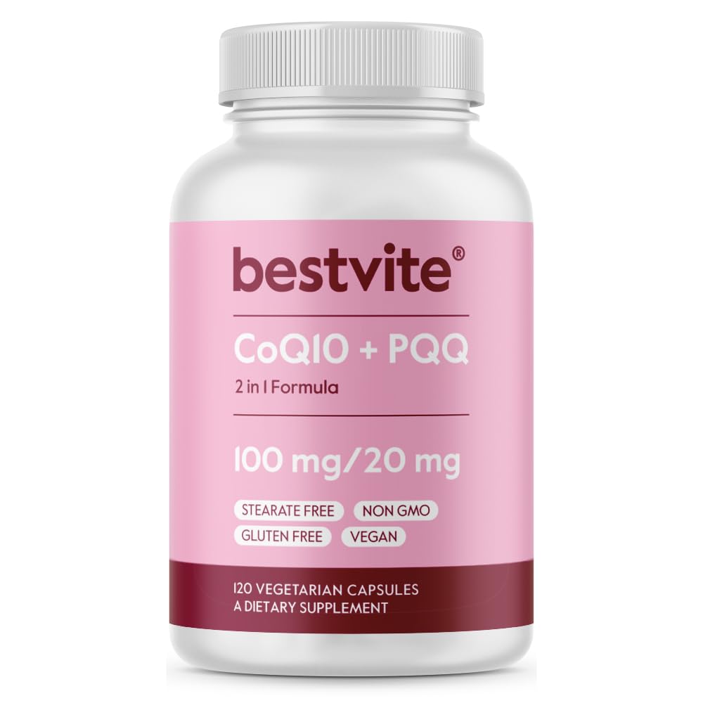 BESTVITE Coq10 100mg w/PQQ 20mg (120 Veggie Caps) - No Stearates - Vegan - Non GMO - Gluten Free - Coq10 with PQQ