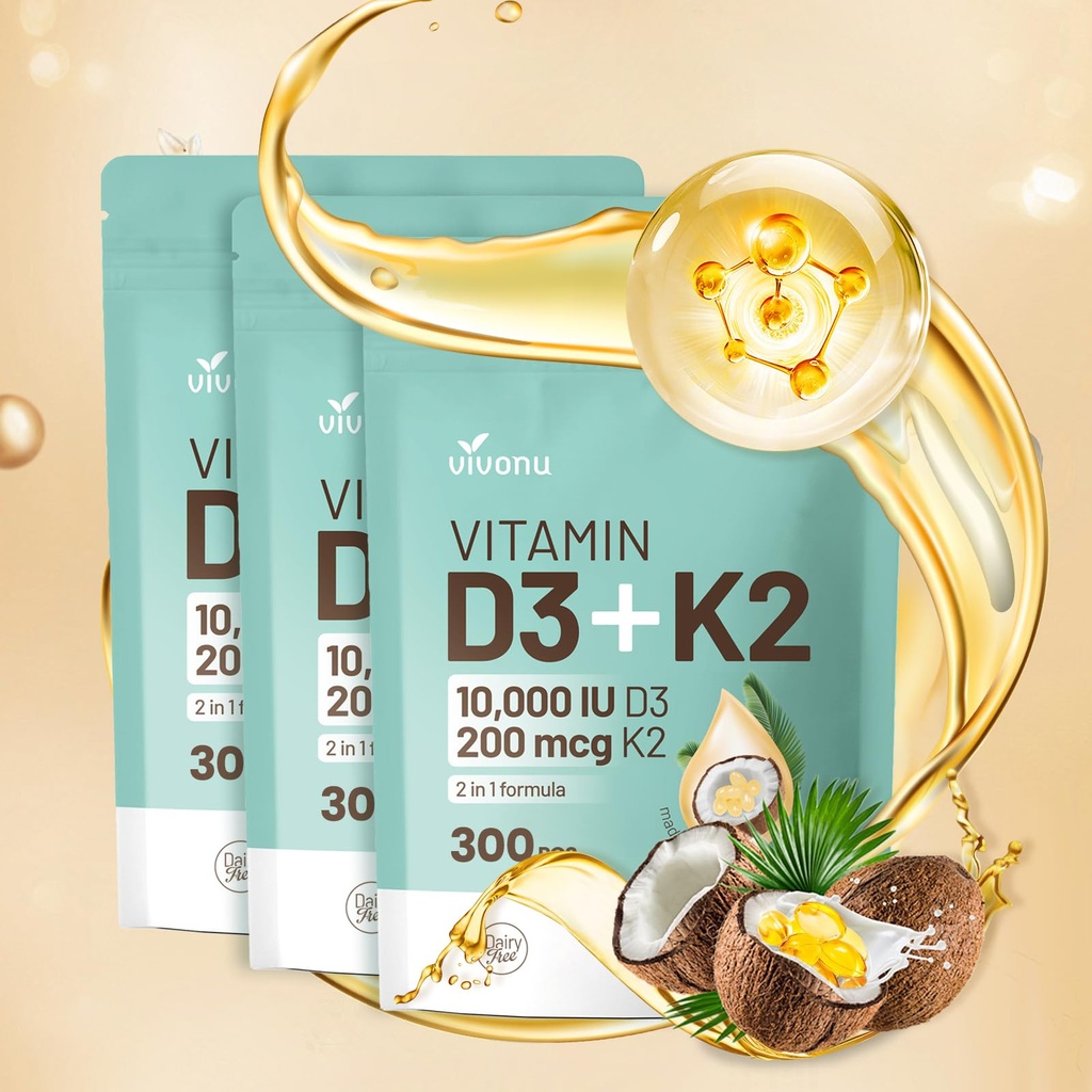 Vitamina D3 10000 iu Plus K2 (MK-7) 200 mcg, 300 Aceite de coco Softgels sometida 2 en 1 Complejo VIT D &amp; K soporta Absorción de calcio, bonificación, inmune, " Salud del corazón: fácil de absorber (900 Softgels /3 Bolsa)