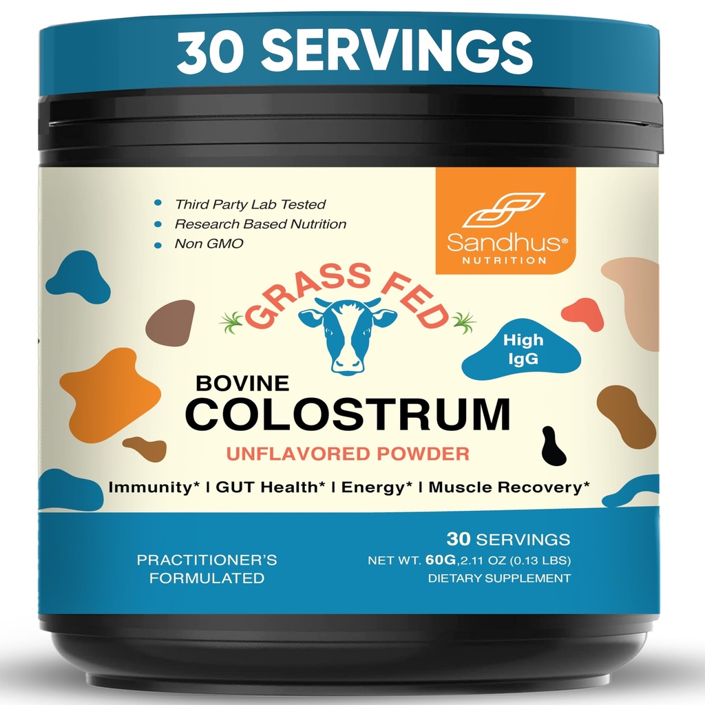 Sandhu's Grass Fed Bovine Colostrum Powder for Humans, Adults tención 30 Servings (Pack of 1) Cows Supplement TEN High IgG for Gut Health Silencio Immunity &amp; Muscle Recovery Support ← Desflavored Silencio for Men &amp; Women