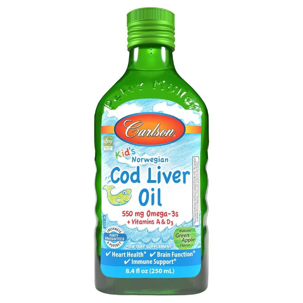 Carlson - Kid's Cod Liver Oil, 550 mg Omega-3s, Plus Vitaminas A y D3, Liquid Fish Oil, Wild Caught Norwegian Arctic Cod, Sustainably Sourced Nordic Fish Oil, Green Apple, 250 mL (8.4 Fl Oz)