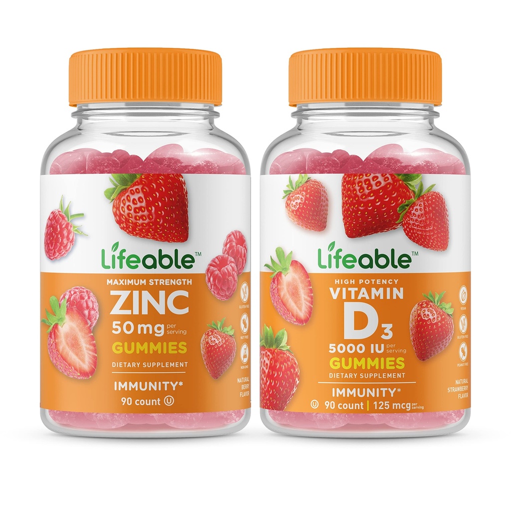 Zinc Lifeable 50mg + Vitamina D 5000 UI, Gummies Bundle - Gran Tasting, Suplemento de vitamina, Gluten Gratis, GMO Gratis, Chewable Gummy
