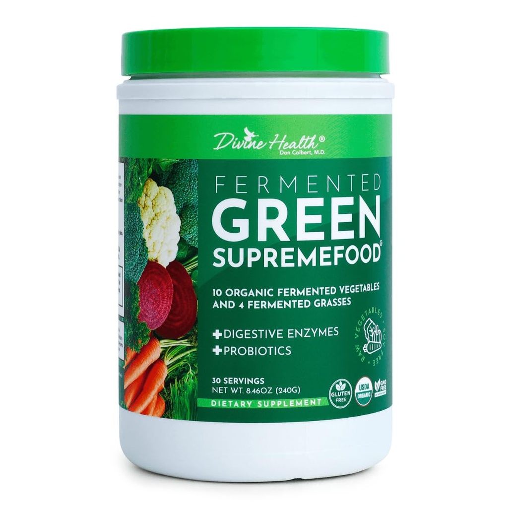 Salud Divina Fermented Green Supremefood ← 14 USDA Orgánica &amp; Fermented Vegetables y Grasses Silencio Probióticos Silencio Enzymes Silencio Apple Cinnamon Flavor ← 30 Serviciones  240g