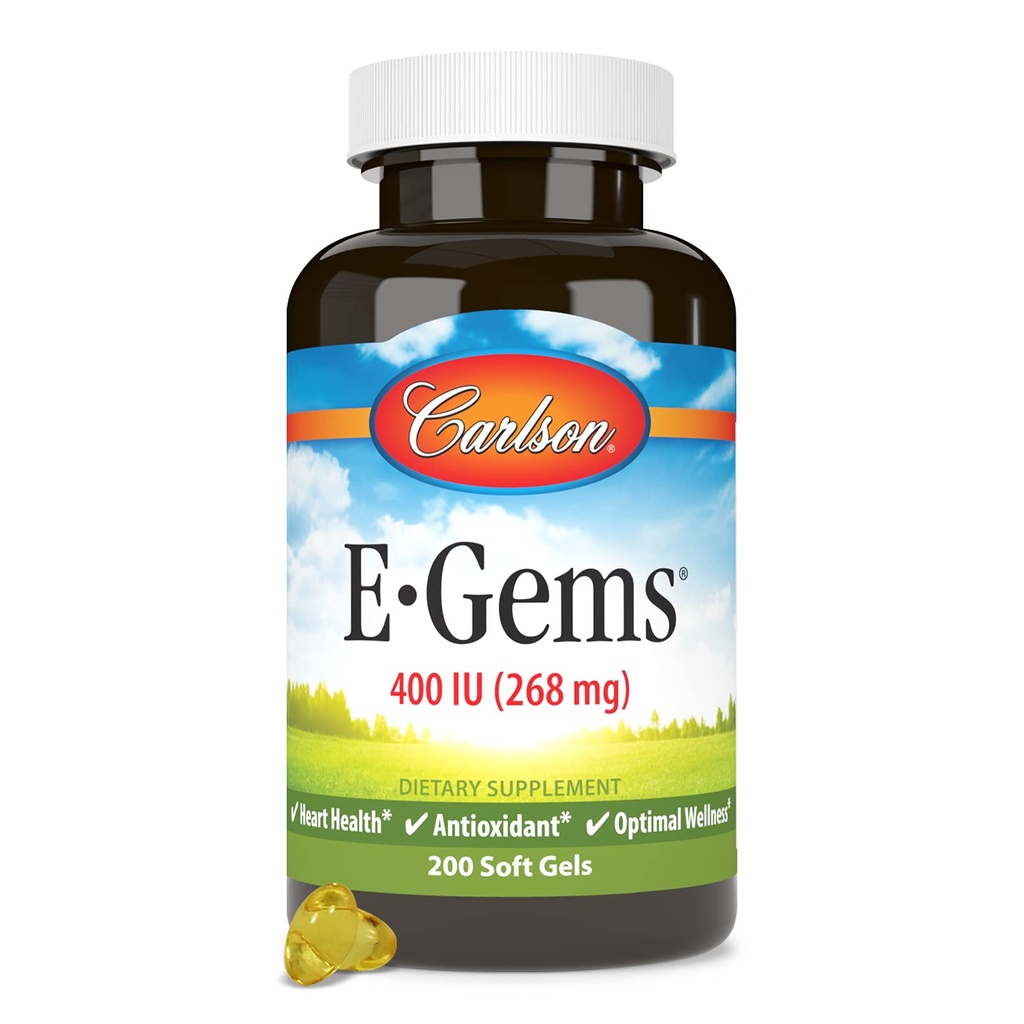 Carlson - E-Gems, 400 UI, salud cardíaca y bienestar óptimo, antioxidante, 200 geles blandos