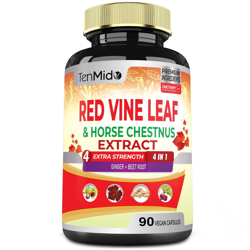 Red Vine Leaf Extract Capsules - con Caballo Chestnut, Beet Root, Ginger - Suplemento Herbal para el Corazón, Leg Vein & Energy - 90 cápsulas Vegan durante 45 días